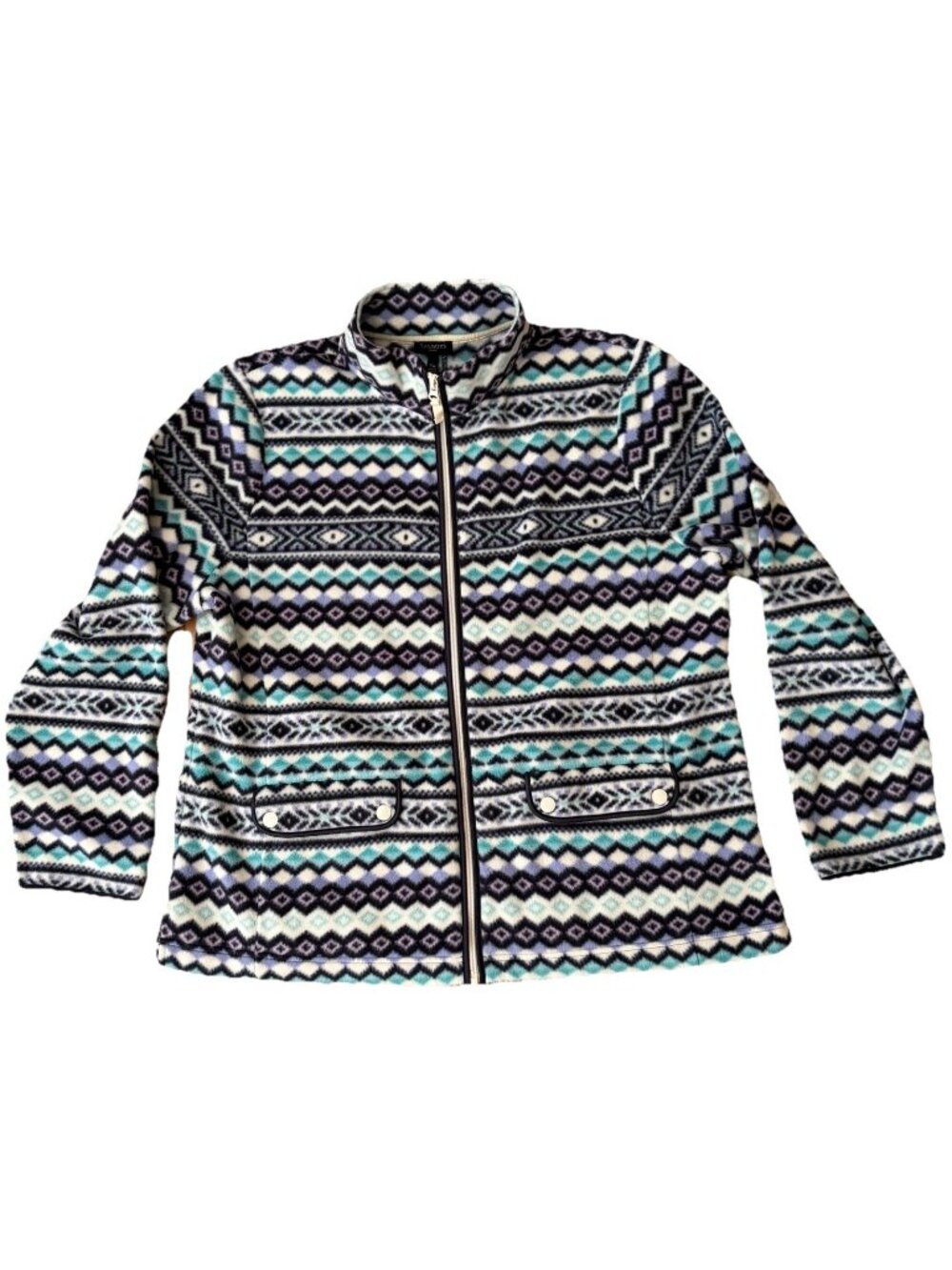 Talbots Petites Fair Isle Aztec Zip Front Fleece Jacket Aqua Women's Size PXL